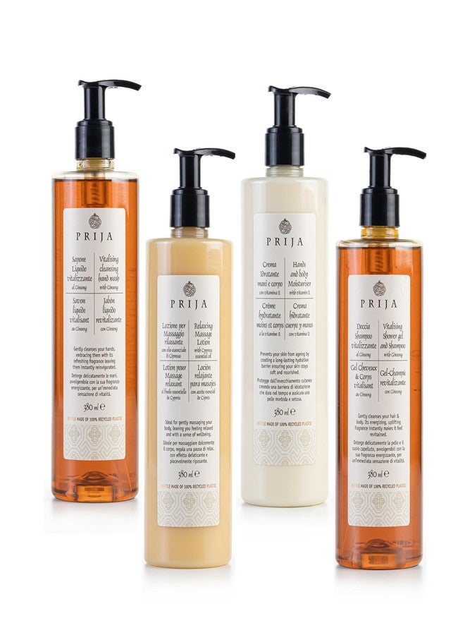 Prija Vitalising Cleansing Hand Wash, Relaxing Massage Lotion, Hand and Body Moisturiser and Vitalising 2 in 1 Shower Gel and Shampoo Bundle 4 x 12.85 Fl. Oz - Image 1